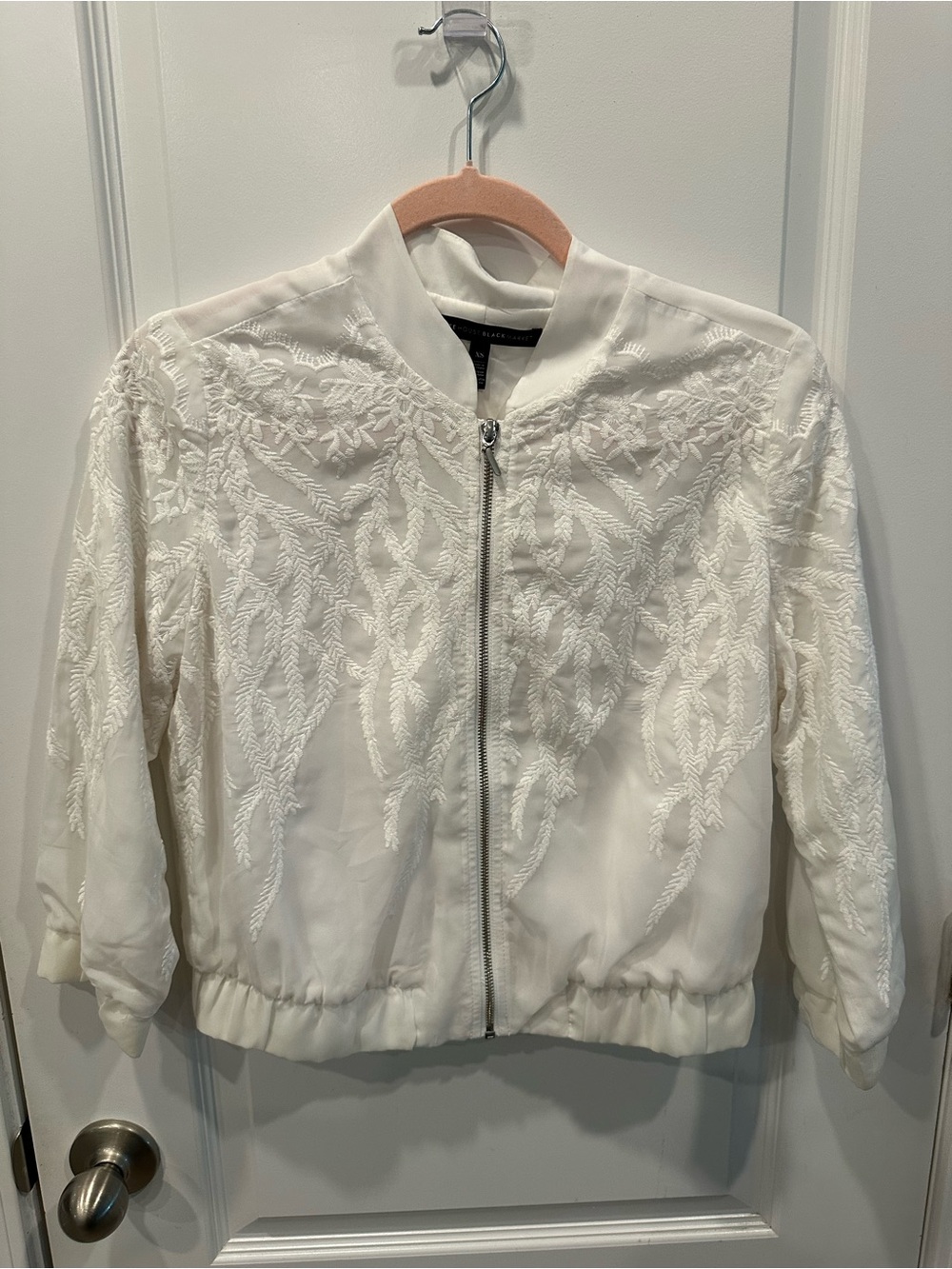 White House Black Market White Embroidered Bomber Jacket